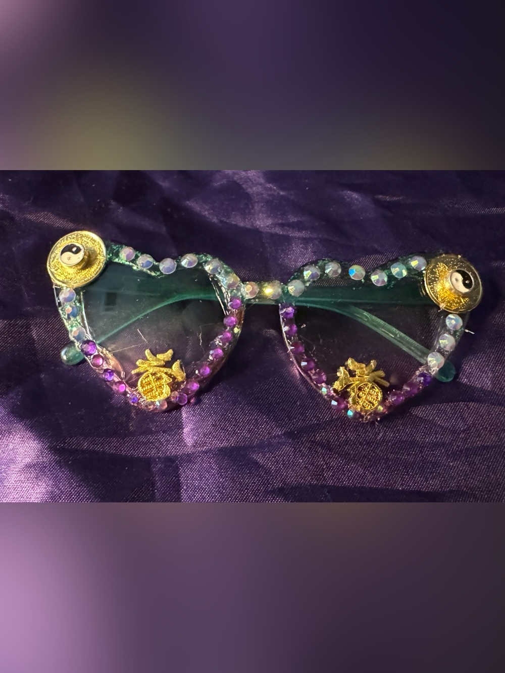 Green Crystal Embellished heart shaped Sunglasses with Purple Accents